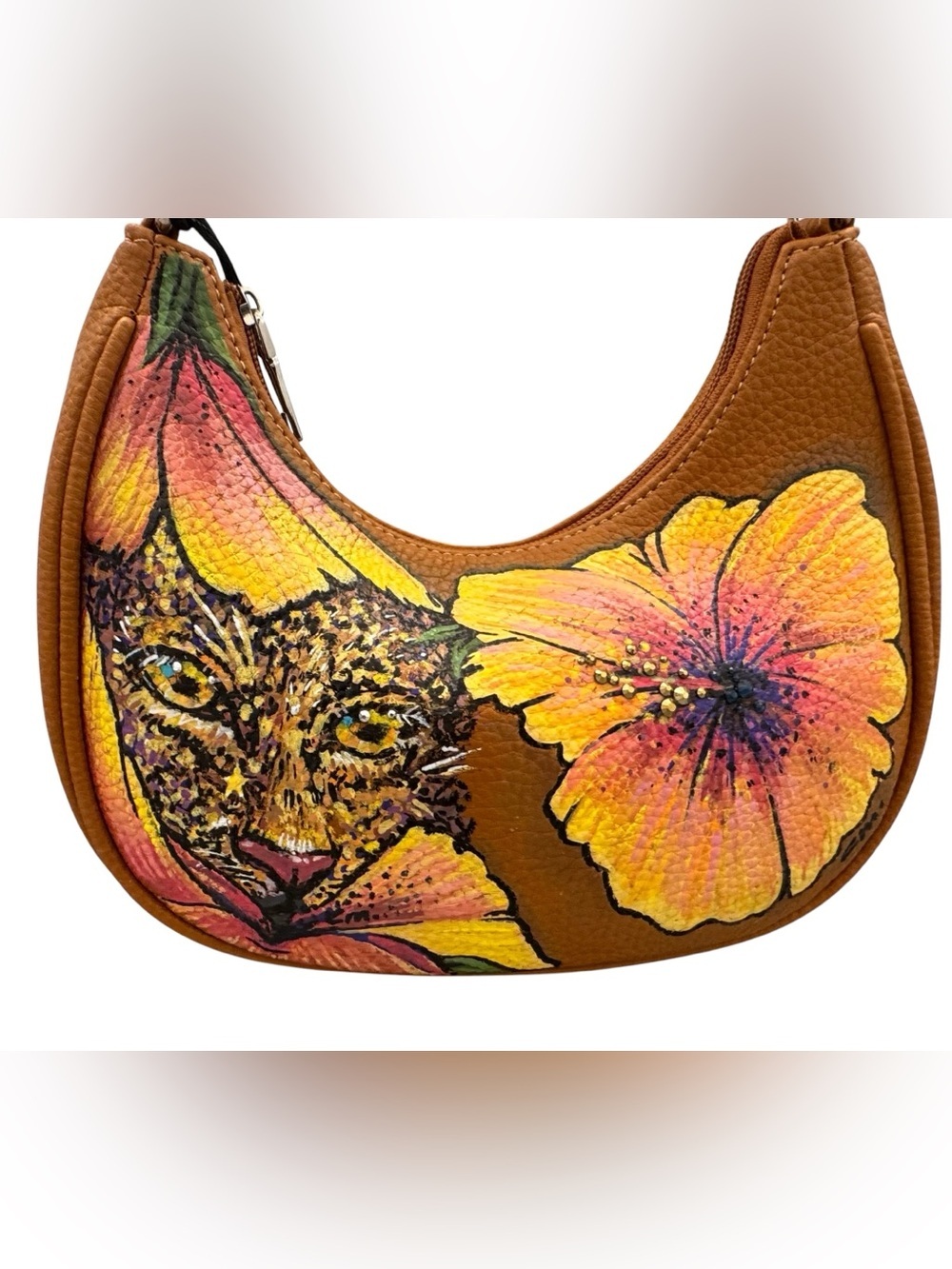 Unbranded Hand Painted Faux Leather‎ Leopard floral Design Shoulder Bag - Picture 2 of 10